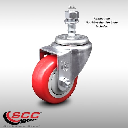 Service Caster 3.5 Inch SS Red Polyurethane Wheel Swivel 12mm Threaded Stem Caster SCC SCC-SSTS20S3514-PPUB-RED-M1215